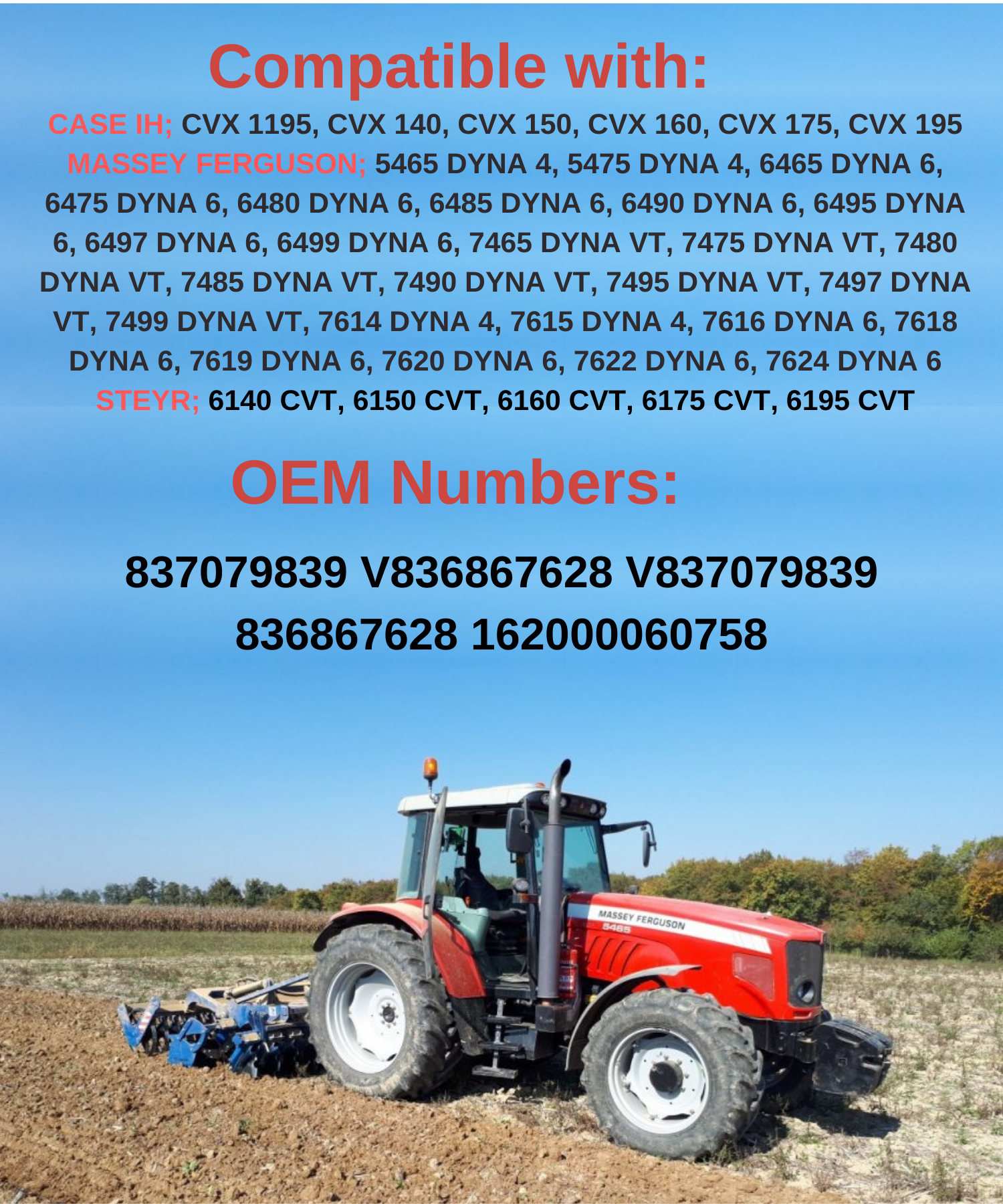 Water Pump Replacement for MF CASE 5465 1195 140 V837079839 836867628